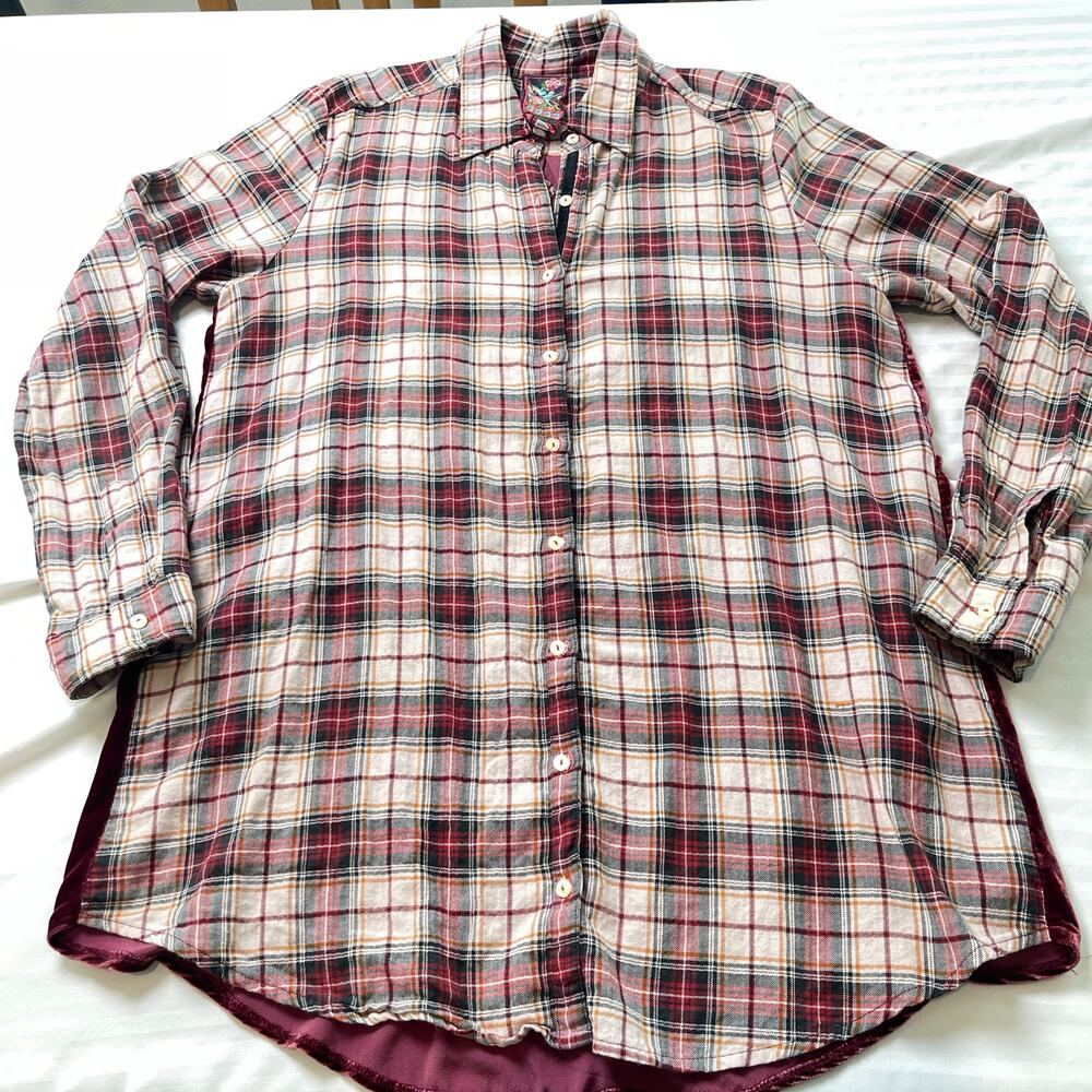 Johnny Was 3J Workshop Lorie Boho Plaid Button Down Embroidered Velvet Back Sz M - Picture 5 of 16